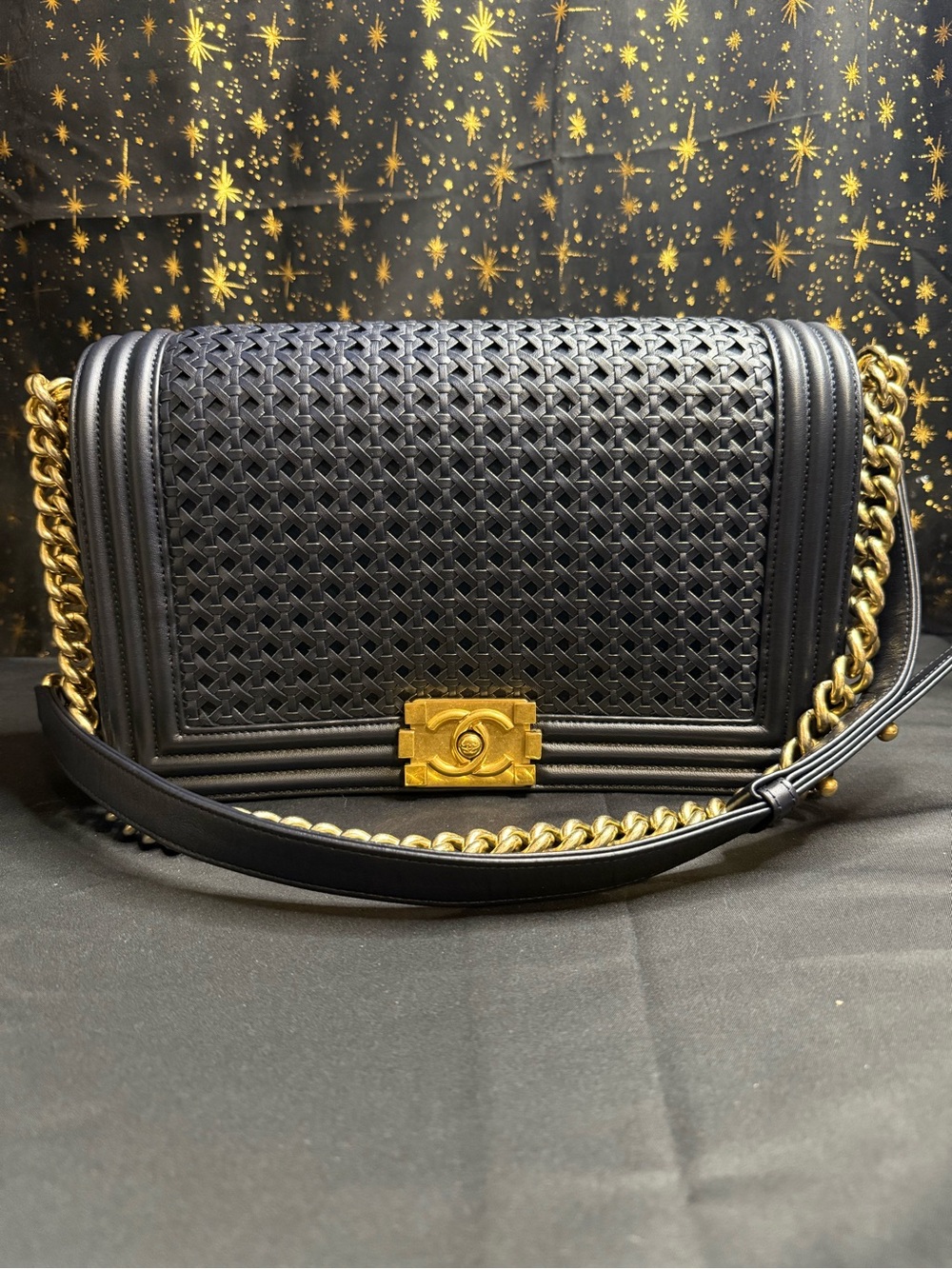 Medium Navy Chanel Braided Lambskin Boy Bag